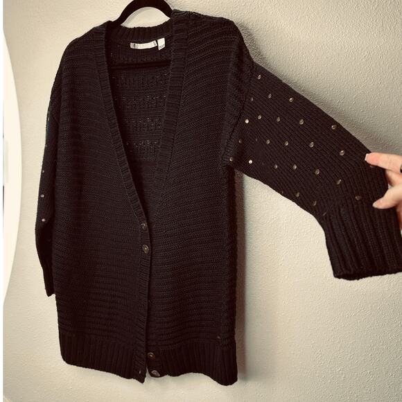 Volcom Black Knit Cardigan Gold Studded Sleeves Front Gold Buttons XS / S - Picture 5 of 16